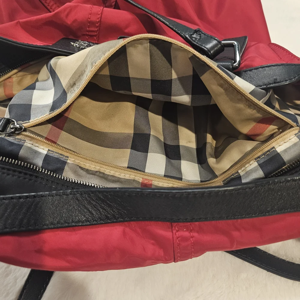 Burberry Buckleigh Red Nylon Tote Bag With Black Leather Trim